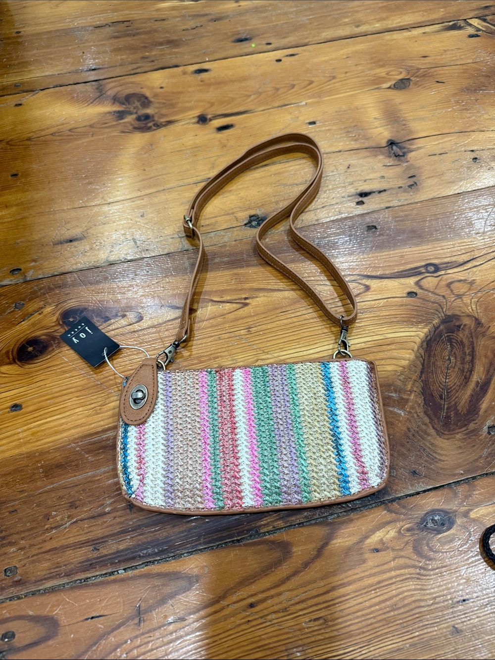 Joy Susan Straw Mini Striped Woven Crossbody Bag with Tan Trim